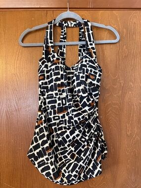 Vintage Lands' End Black, Cream & Brown Graphic One-Piece Swimsuit